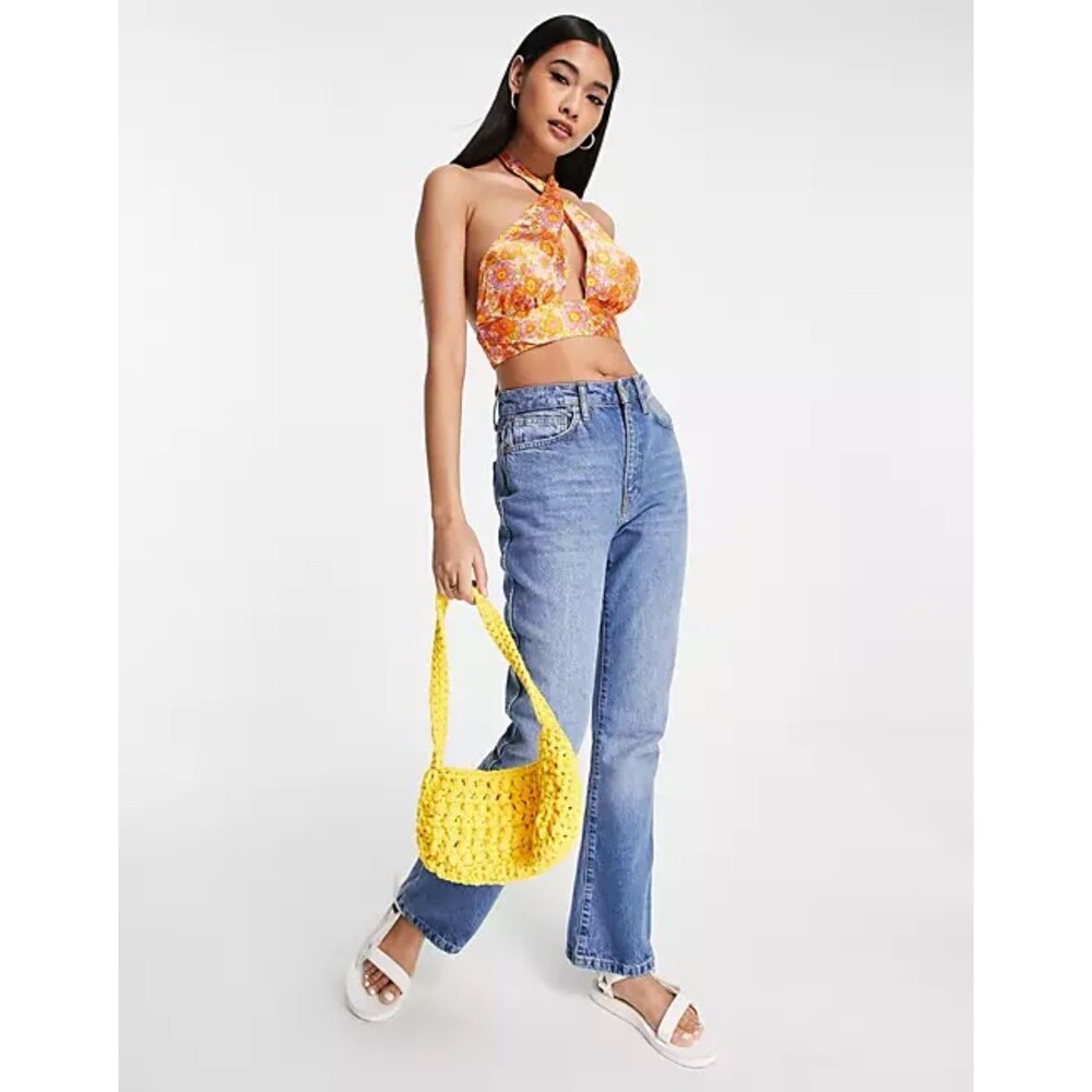 Topshop Floral Halter Crop Top in Pink and Orange - Picture 2 of 9